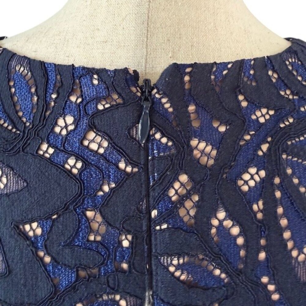 ELIZA J Reverie Navy Blue Nude Lined Lace Dress Bell Sleeves Fit Flare Size 8 - Picture 13 of 16